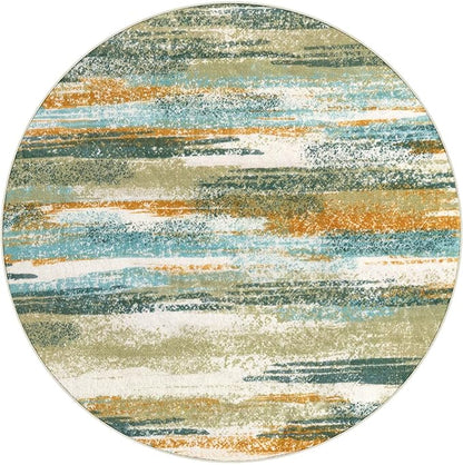 Modern Abstract Round Rug 3Ft, Green Mustard Multi Round Rug Washable Non-Slip Soft Small Circle Rug, Circular Entryway Rug Thin Print Faux Wool Carpet for Bedroom Living Room Office