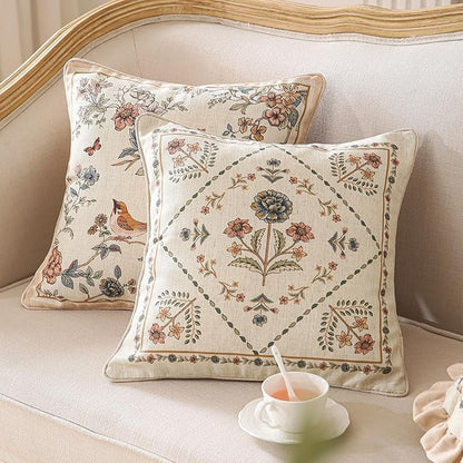 ISAENNE Design Square Floral Linen Throw Pillow Covers 18"x18" Pack of 2, Yellow Pink Flower Pattern Cushion Covers Decor Pillowcases for Bed,Living Room,Outdoor,Car