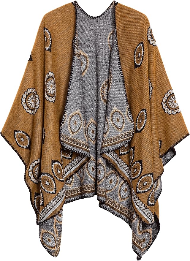 Women's Vintage Pattern Open Front Poncho Cape Shawl Winter Shawl Wraps