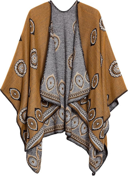 Women's Vintage Pattern Open Front Poncho Cape Shawl Winter Shawl Wraps