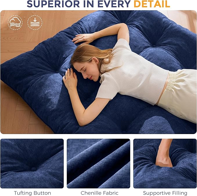 MAXYOYO Japanese Floor Mattress Full Size, 6" Foldable Futon Mattress Tufted Roll Up Floor Bed, Thick Chenille Tatami Mat Sleeping Pad for Camping Guest Room Dormitory Bedroom RV, Navy