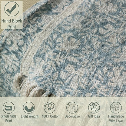 100% Pure Cotton Handblock Printed Throw Blanket, Soft 50" x 60" Fringed Floral Print Throw for Couch, Sofa, Chair, Bed - Cozy, Machine Washable, Comfortable Home Decor