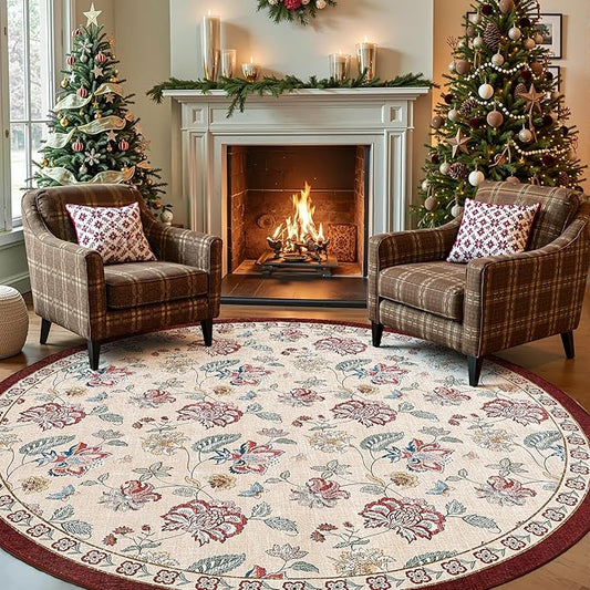 jinchan Elora 8ft Floral Round Rug for Washable Living Room Rug Vintage Romance Christmas Design Non Slip Indoor Floor Cover Lightweight Low-Profile Throw Carpet for Bedroom Porch, Red/Beige