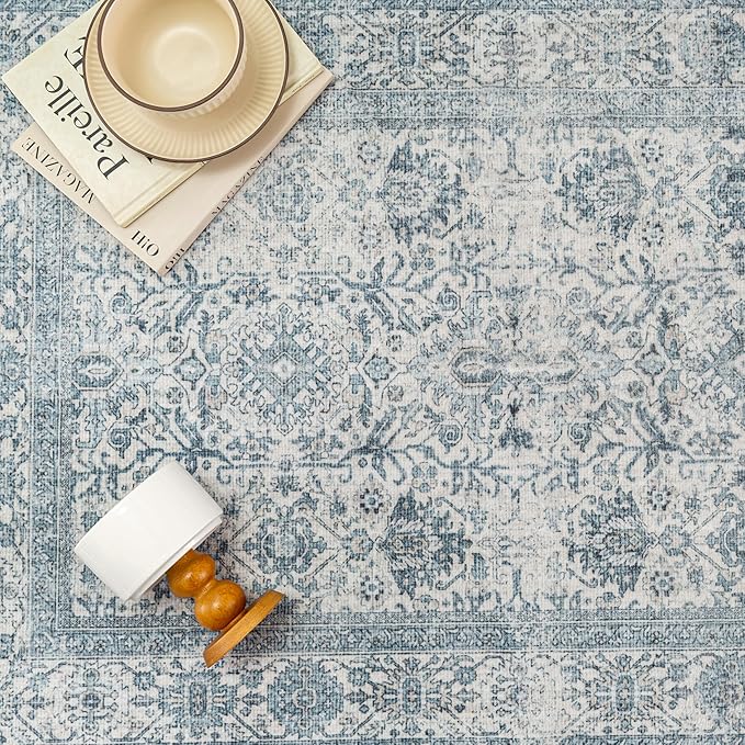 Vintage Area Rug 8x10 Blue Washable Living Room Large Carpet Non Slip Bedroom Indoor Office Low Pile Traditional Distressed Retro Accent Rug for Dining Room