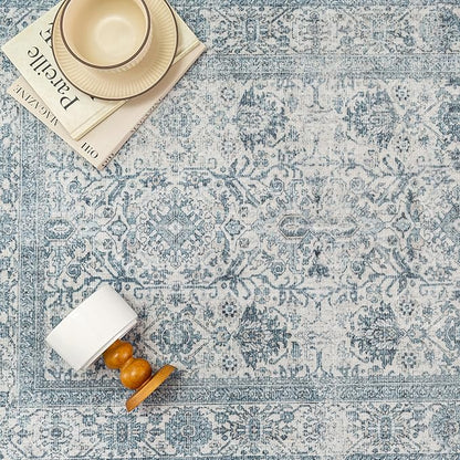 Vintage Area Rug 8x10 Blue Washable Living Room Large Carpet Non Slip Bedroom Indoor Office Low Pile Traditional Distressed Retro Accent Rug for Dining Room