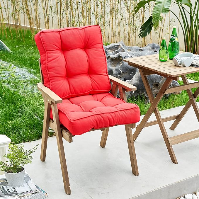 ARTPLAN Outdoor Seat Cushion,Square Thick Tufted Pure Chair Cushion for Patio Wicker Chair with Tie,Set of 2,19"x19"x5",Red