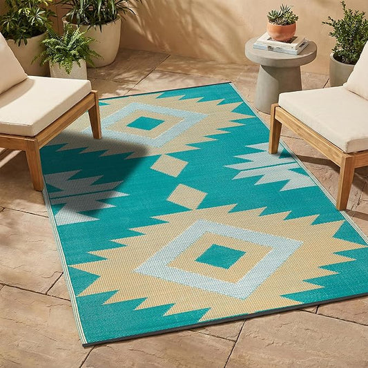 FH Home Outdoor Rug - Waterproof, Fade Resistant, Reversible - Premium Recycled Plastic - Geometric - Patio, Deck, Porch, Balcony - Bursa Kilim - Teal Crease Free - 5 x 8 ft