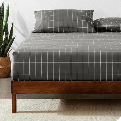 Bare Home Fitted Bottom Sheet Twin Size - Premium 1800 Microfiber - Ultra-Soft Hotel Luxury - Deep Pocket - Durable and Long Lasting (Twin, Grid - Grey/White)