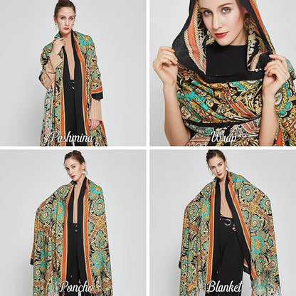 DANA XU 100% Merino Wool Extra Large Pashmina Blanket Travel Scarf Cashmere Wrap for Women Fall Winter Oversize Shawl Floral