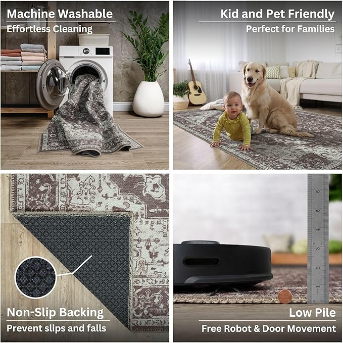 Bloom Rugs Washable Non-Slip 9' x 12' Rug - Dark Brown Traditional Medallion Area Rug for Living Room, Bedroom, Dining Room, and Kitchen - Exact Size: 9' x 12'