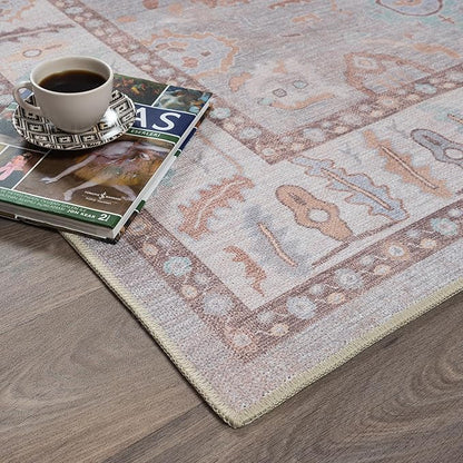 Fame Rugs Brown Modern Oushak Rug 5x7, Washable Vintage Turkish Colorful Oriental Antique Inspired Area Rugs, Luxury Living Room Bedroom (382MB, 5' x 7')