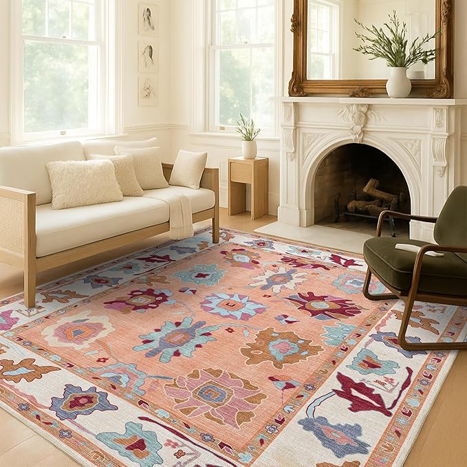 Fame Living Orange Oushak Rug, Vintage Turkish Eclectic Floral Sweet Pastel Large Runner Rugs for Hallway Kitchen Living Room Dining Bedroom Kitchen Bathroom 2'5"x13'