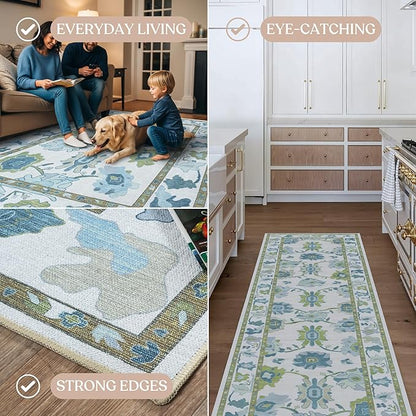 Fame Living Green Oushak Rug, Vintage Turkish Eclectic Floral Pastel Large Oversized Area Rugs for Living Room Dining Bedroom Kitchen Bathroom (55 CGRN, 2'5'' x 6'6)