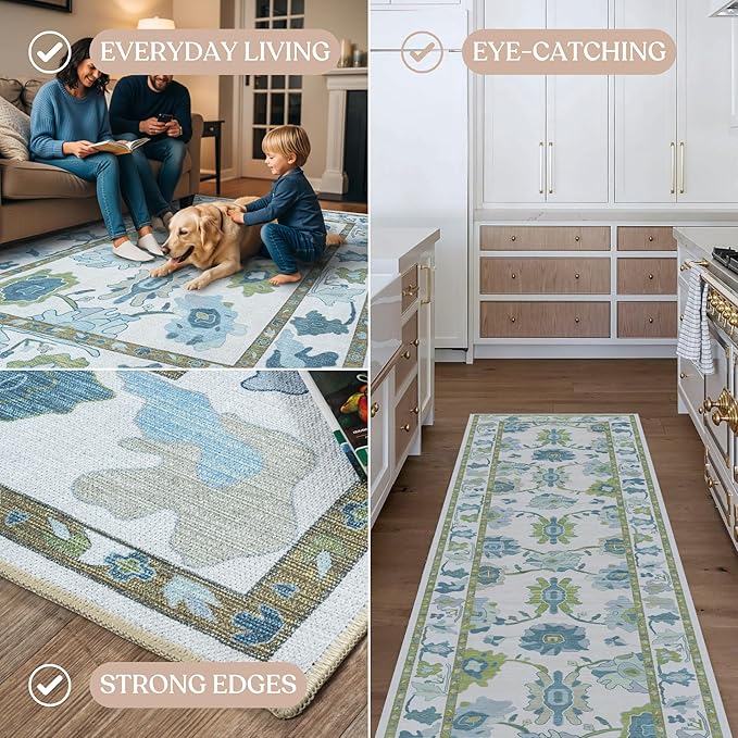 Fame Living Green Oushak Runner Rug, Modern Runners, Vintage, Turkish, Eclectic, Floral, Pastel, Washable, Long Runner Rugs for Hallway, Kitchen, Living Room, Bedroom, Kitchen, Bathroom, 2'5"x13'