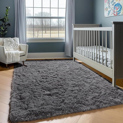 ONASAR Grey Area Rugs for Bedroom Living Room, Fluffy Fuzzy Shag Shaggy 4x6 Bedside Rug, Gray Washable Soft Plush Indoor Floor Carpet for Nursery Kids Girls Boys Teen Dorm Home Office Decor Aesthetic