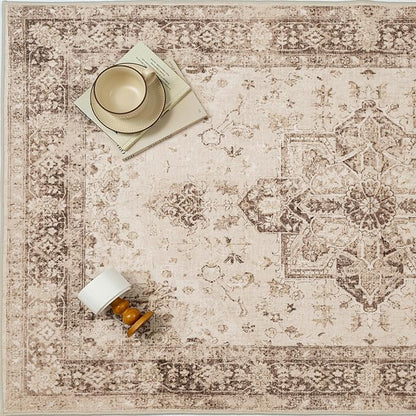 Brown 6x9 Area Rug Washable Vintage Living Room Carpet Non Slip Retro Distressed Low Pile Soft Oriental Medallion Thin Large Throw Rug for Office Bedroom Dining Room Playroom