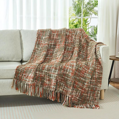 Multi-Color Orange Cable Knitted Throw Blanket for Couch,50"X60" Boho Style Textured Blankets for Home Decor,Super Soft Warm Cozy Chunky Knit Blanket with Decorative Tassels for Bed and Sofa
