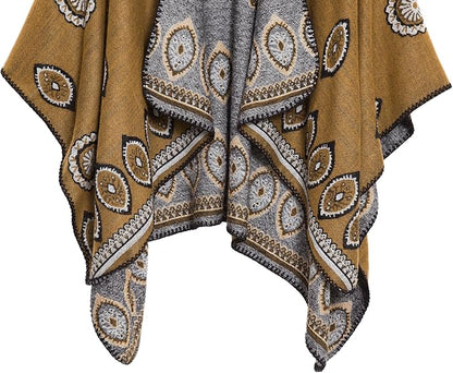 Women's Vintage Pattern Open Front Poncho Cape Shawl Winter Shawl Wraps