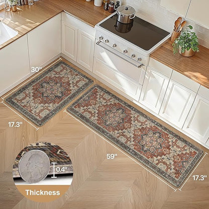 GENIMO Kitchen Mats for Floor 2PCs, Washable Anti Fatigue Mat for Cushioned, 17.3"x59"+17.3"x30", Waterproof Kitchen Rugs, Non Slip Comfort Standing Mat Rug for Home, Sink, Laundry, Bordeaux