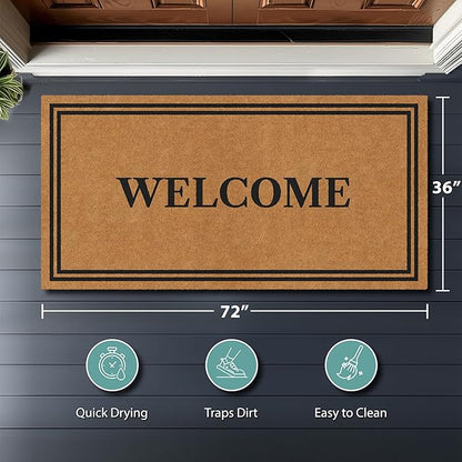 Barnyard Designs Natural Coco Coir Heavy Duty Backing Doormat - Large Cute Non-Slip Front Door Welcome Mat for Outside Entrance or Porch Entry, Brown (36x72, Welcome)