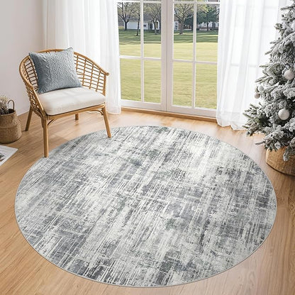 5ft Round Area Rug for Living Room: 5x5 Washable Neutral Abstract Modern Soft Rugs Non Slip Indoor Floor Stain Resistant Carpet for Bedroom Dining Room Office Nursery - Gray