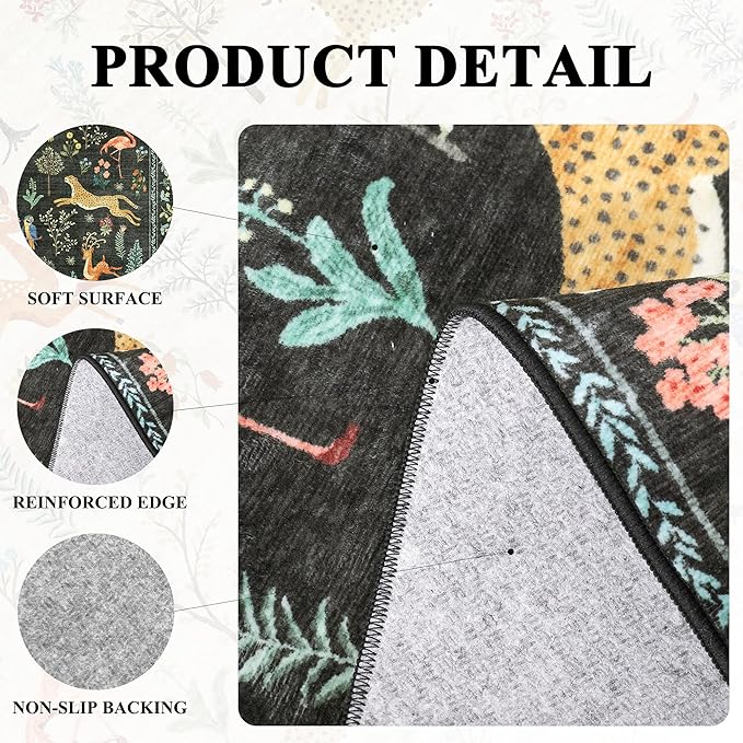 DUKINO 2x6 Rug for Hallway, Washable Kitchen Runner Rug with Non Slip Backing, Soft Low Pile Vintage Animal Runner for Bedroom, Kitchen, Hallway, Entryway, Laundry, Black