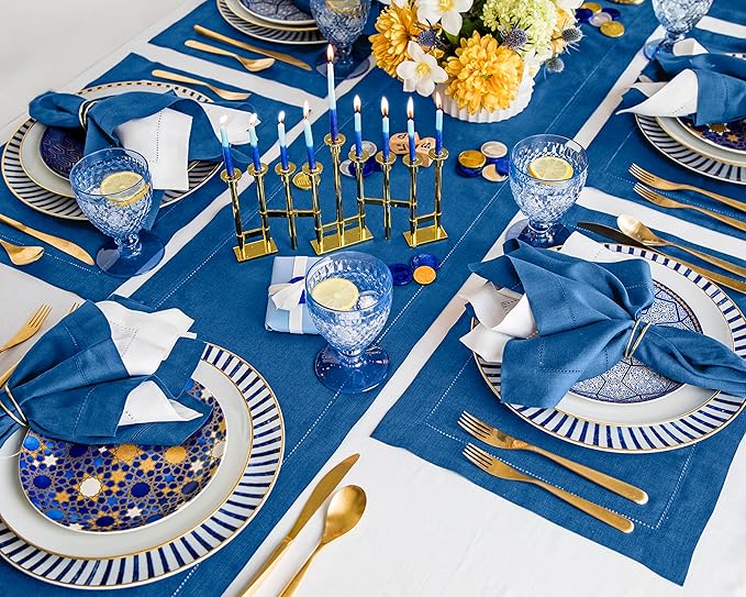 Solino Home Linen Indigo Blue Table Runner 72 Inches Long - 100% Pure Linen Hemstitch Table Runner 14 x 72 Inch for Dresser, Dining, Winter, Christmas, New Year - Classic Hemstitch