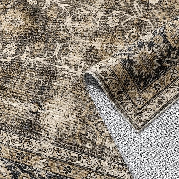 Vintage Area Rug 7x10 Brown Washable Living Room Large Carpet Non Slip Bedroom Indoor Office Low Pile Traditional Distressed Retro Accent Rug for Dining Room