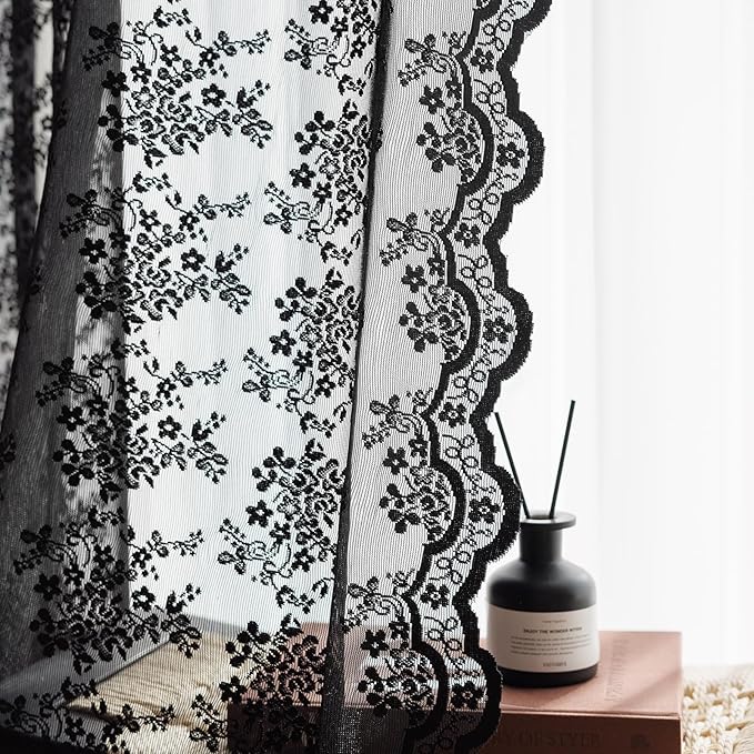 Anmao Vintage Lace Curtains 102 Inches Long 2 Panels Set, Romantic Elegant Light Filtering Semi Sheer Floral Thick Lacy Curtain Drapes for Living Room and Bedroom, Each Panel 55W x 102L, Black