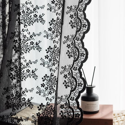 Anmao Vintage Black Lace Curtains 84 Inches Long 2 Panels Set, Romantic Elegant Light Filtering Semi Sheer Floral Thick Lacy Curtain Drapes for Living Room and Bedroom, Each Panel 55W x 84L, Black