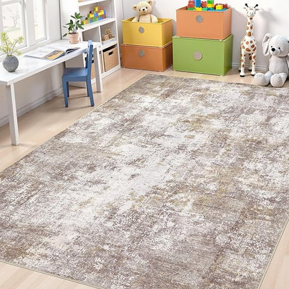 Washable 7x9 Area Rug: Modern Abstract Soft Non-Slip Indoor Rugs Home Decor - Low Pile Stain Resistant Foldable Carpet for Living Room Bedroom Dining Room Playroom(Golden Brown,7'x9')