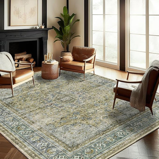 Washable Area Rug 9'x12' Boho Design Non-Shedding Easy Care Ideal for High Traffic Areas in Living Room Bedroom Office Coffee Table Kitchen Large Carpet