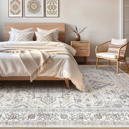 7x10 Area Rug Living Room: Washable Boho Large Neutral Vintage Soft Rugs Stain Resistant Farmhouse Non Slip Indoor Floor Carpet for Bedroom Nursery Kids Playroom Office Dining Room- Ivory Gray