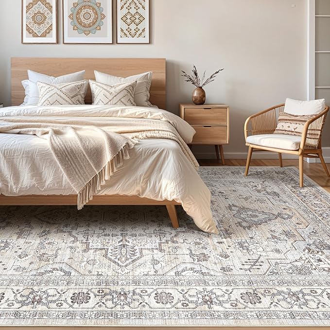 10x14 Area Rugs Living Room: Washable Boho Large Neutral Vintage Soft Rug Stain Resistant Farmhouse Non Slip Indoor Floor Carpet for Bedroom Nursery Kids Playroom Office Dining Room- Ivory Gray