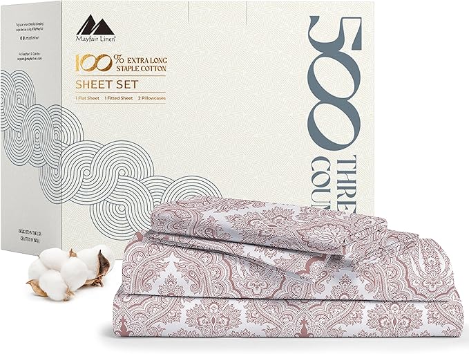 Mayfair Linen 100% Cotton Printed Bed Sheets Twin Size Set - 500 Thread Count Cotton Twin XL Sheets for Dorm Room, 3 PC Set (Paisley Print), Soft, Cooling, Sateen Weave 16" Deep Pocket Bedsheet