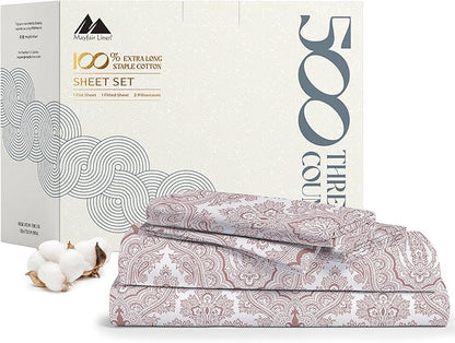 Mayfair Linen 100% Cotton Printed Bed Sheets Twin XL Set - 500 Thread Count Cotton Twin XL Sheets Only, 3 PC Set (Paisley Print), Soft, Cooling, Sateen Weave 16" Deep Pocket Dorm Room Bedsheet