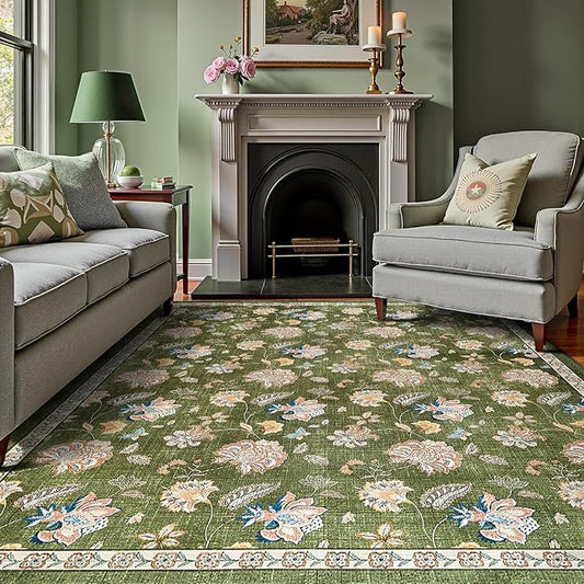 jinchan Elora 8x10 Floral Rug for Living Room Washable Bedroom Rug Vintage Romance Christmas Design Non Slip Thin Indoor Floor Cover Large Low-Profile Throw Carpet for Dining Room Office, Green