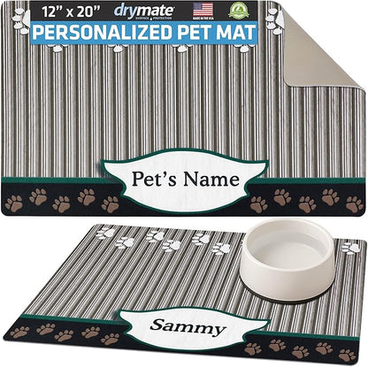 Drymate Personalized Pet Bowl Placemat, Custom Dog & Cat Food Feeding Mat - Absorbent Fabric, Waterproof Backing - Machine Washable/Durable (USA Made) (12" x 20") (Green Tan Paw)