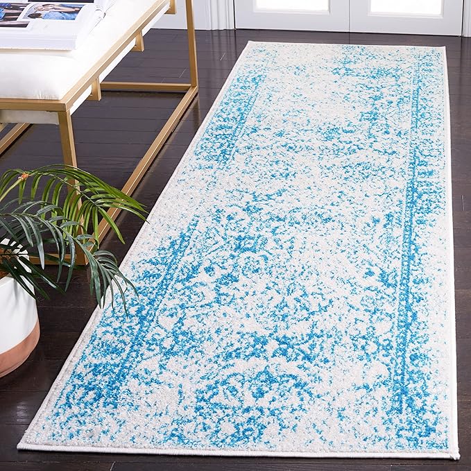 SAFAVIEH Adirondack Collection Runner Rug - 2'6" x 12', Ivory & Teal, Distressed Vintage Floral Design, Non-Shedding & Easy to Clean, Ideal for Hallway, Foyer, Entryway, Bedroom (ADR109D)