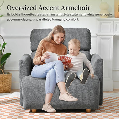 Modern Oversized Accent Chair with Storage Ottoman & 2 Side Pillows, Snowflake Fleece Upholstered Chaise Lounge Chair, Deep Seat Reading Chair for Living Room, 350lbs Capacity