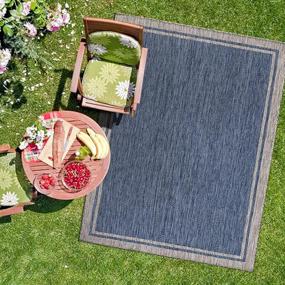 CAMILSON Outdoor Rug, 5x7 Bordered Navy Blue Gray Modern Area Rugs for Indoor and Outdoor Patios, Porches Waterproof Washable Porch Deck Outside Carpet (Bordered Navy, 5 x 7)