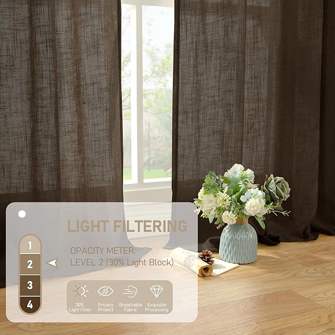 LAMIT Dark Brown Linen Curtains 54 Inch Length 2 Panels, Light Filtering Panels Back Tab and Rod Pocket Neutral Drapes for Bathroom/Window/Bedroom, 52 x 54 Inch