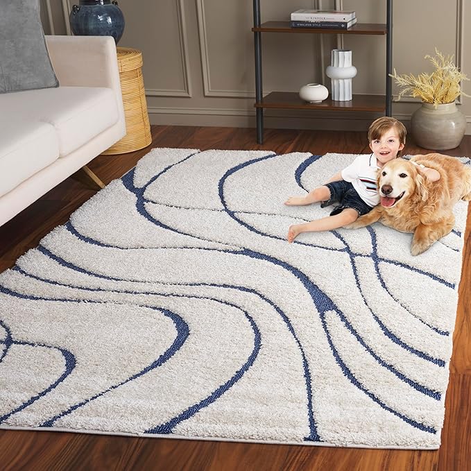 SAFAVIEH Florida Shag Collection Area Rug - 6' x 8', Cream & Blue, Non-Shedding & Easy Cleaning, Plush Thick Pile, Ideal for Living Room, Bedroom, Dining Space (SG471-1165)