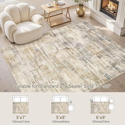 Area Rug for Living Room: 6x9 Washable Neutral Abstract Modern Soft Rugs Non Slip Indoor Floor Stain Resistant Large Carpet for Bedroom Dining Room Office Nursery - Golden Brown