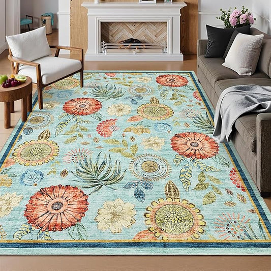 GarveeHome 4x6 Floral Washable Area Rug: Large Living Room Area Rug with Non-Slip Backing Washable Ultra Soft Bedroom Floral Carpet Indoor Stain Resistant Carpet for Dining Room 4 * 6 ft Light Blue