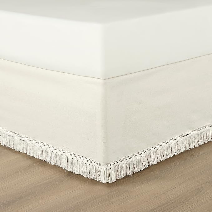 Lush Decor Boho Fringe 15-Inch Tailored Drop Easy Fit Bedskirt, Queen, Off-White