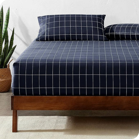 Bare Home Fitted Bottom Sheet Queen Size - Premium 1800 Microfiber - Ultra-Soft Hotel Luxury - Deep Pocket - Durable and Long Lasting (Queen, Grid - Midnight Blue/White)
