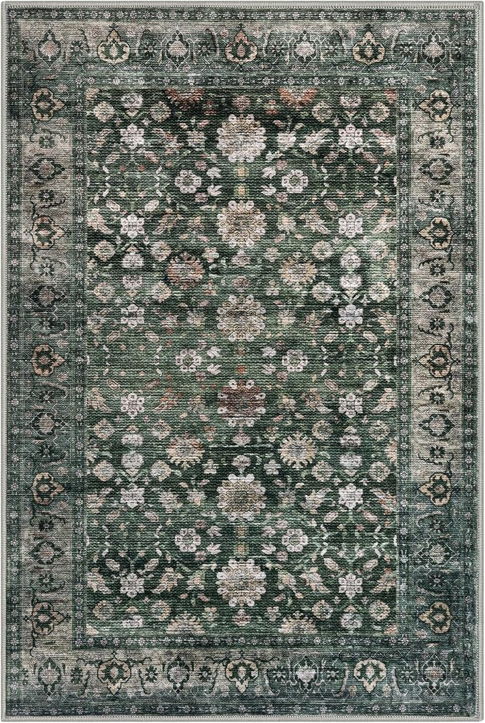 KUTA Vintage 8x10 Area Rugs for Living Room, Washable Large Rug for Bedroom 8ft x 10ft Non-Slip, Dark Green Ultra Thin Soft Printed Traditional Floral Medallion Distressed Dining Room Low-Pile Carpet