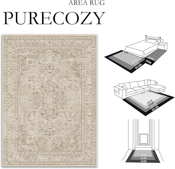 Brown 8x10 Area Rug Washable Vintage Carpet for Living Room Bedroom Large Soft Retro Floral Low Pile Thin Indoor Rug Non Slip Central Medallion Floor Cover for Dining Room Office