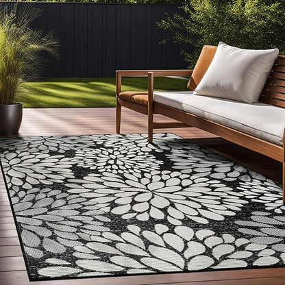 Beverly Rug Outdoor Rug 9x12 Modern Exotic Tropical Leaf Area Rugs for Indoor and Outdoor Patio Deck Porch Garden Water Resistant Washable Outside Carpet (9 x 12 Dark Gray)